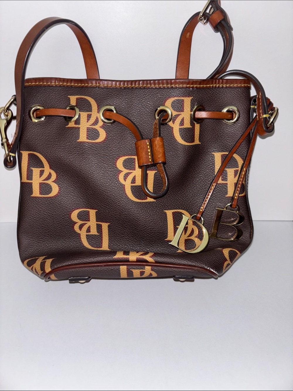 Dooney & Bourke Brown & Tan Monogram Drawstring Shoulder Bag Bought from Journey